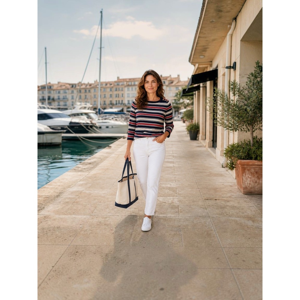 Talbots Womens 2X Nautical Striped Sweater Navy/Red/White Gold Buttons Preppy
